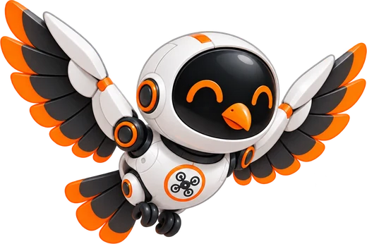 La mascota del asistente de freedrone: un pájaro robot con las alas abiertas