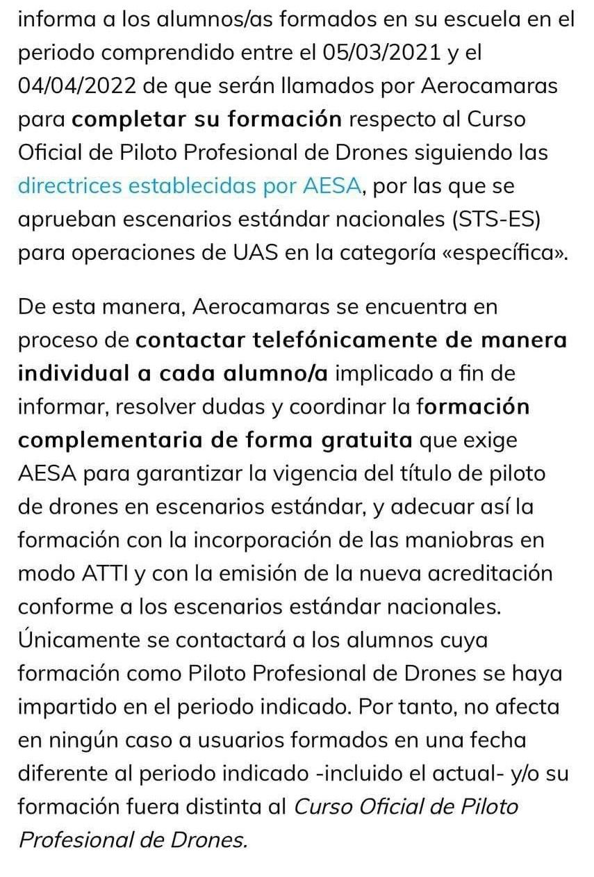 Comunicado AESA por las acreditaciones nulas de AEROCAMARAS