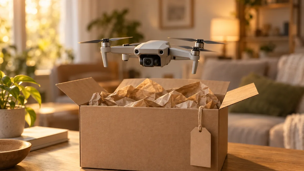 Un dron plegable gris en vuelo sobre una caja de envío abierta, con papel de embalar y una etiqueta en blanco