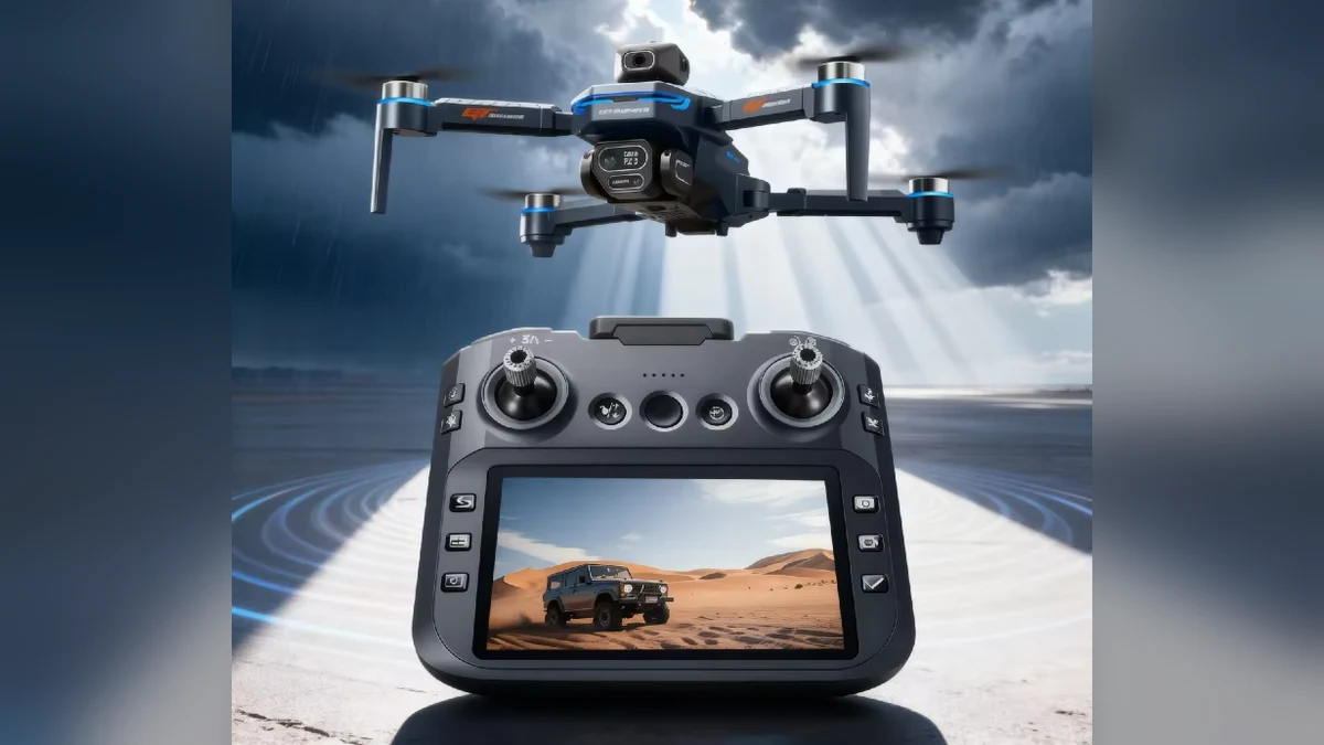 El dron GT8 en vuelo, con su cámara delante, y debajo su mando con pantalla