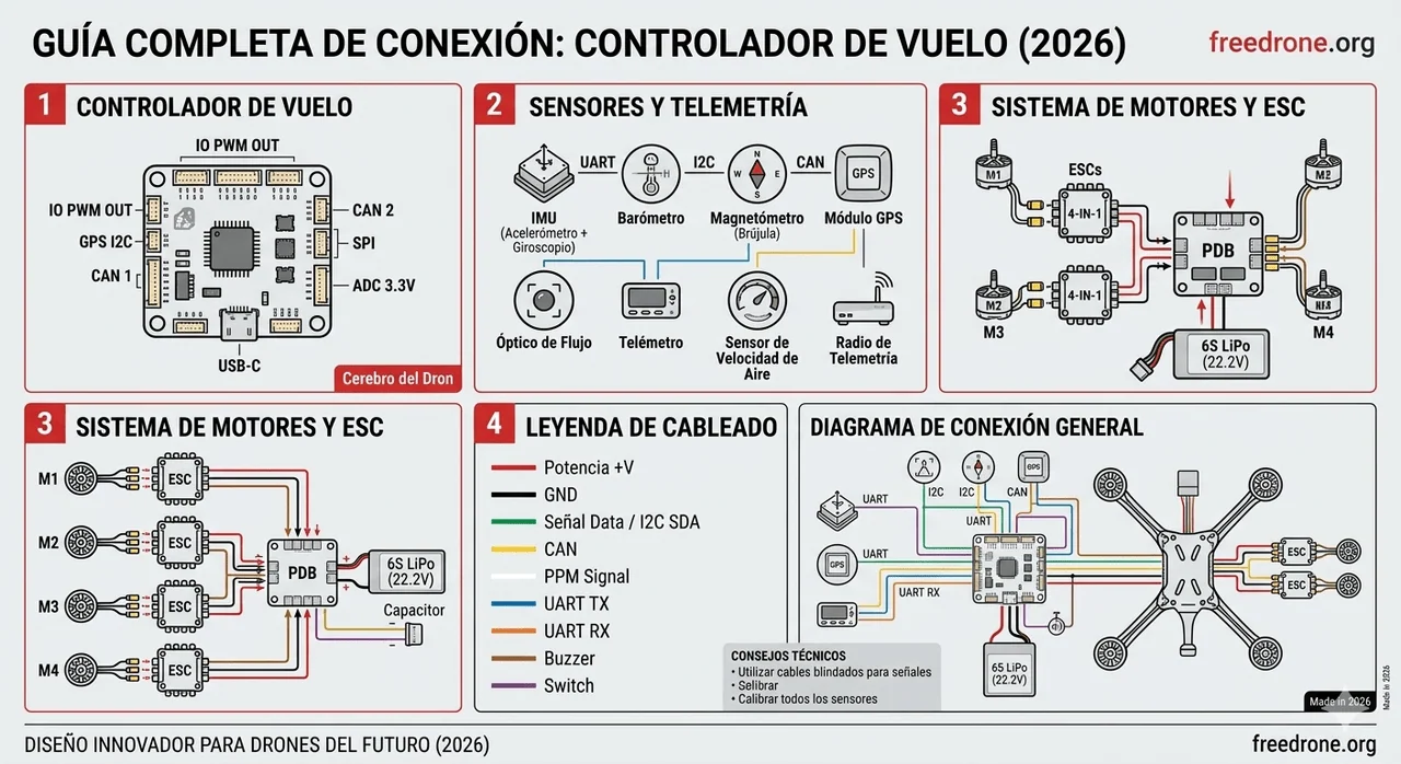 Guía de conexión del controlador de vuelo de un dron FPV