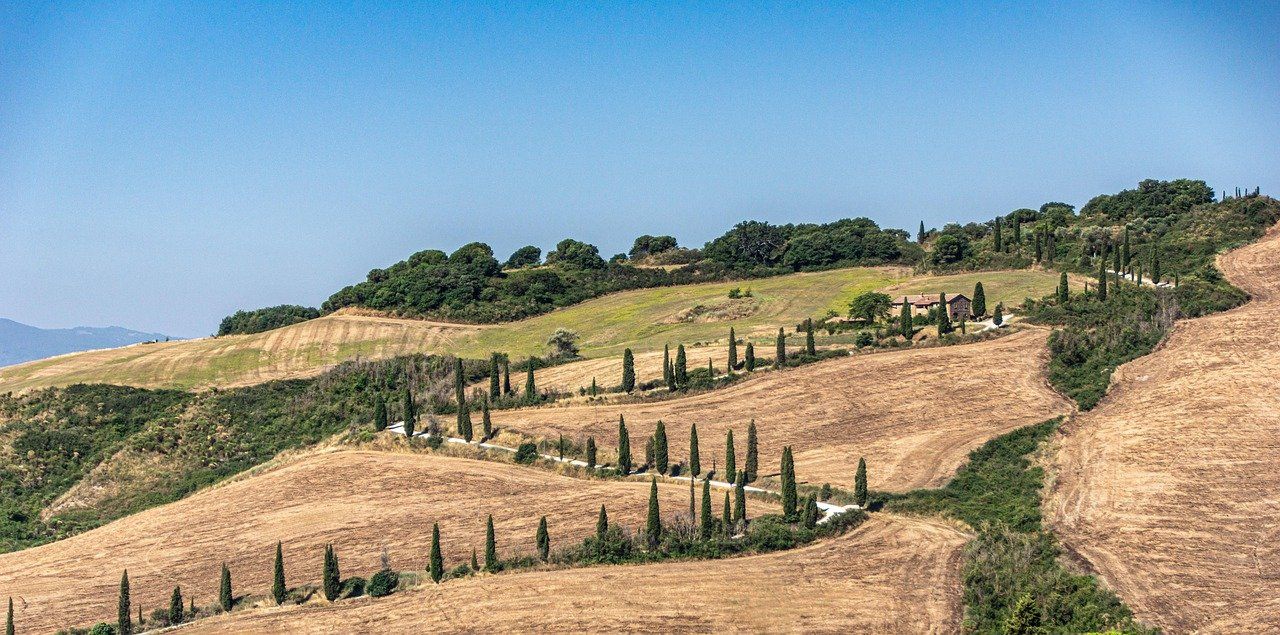 Val d'Orcia en la Toscana: carretera de cipreses para volar drones en categoria abierta