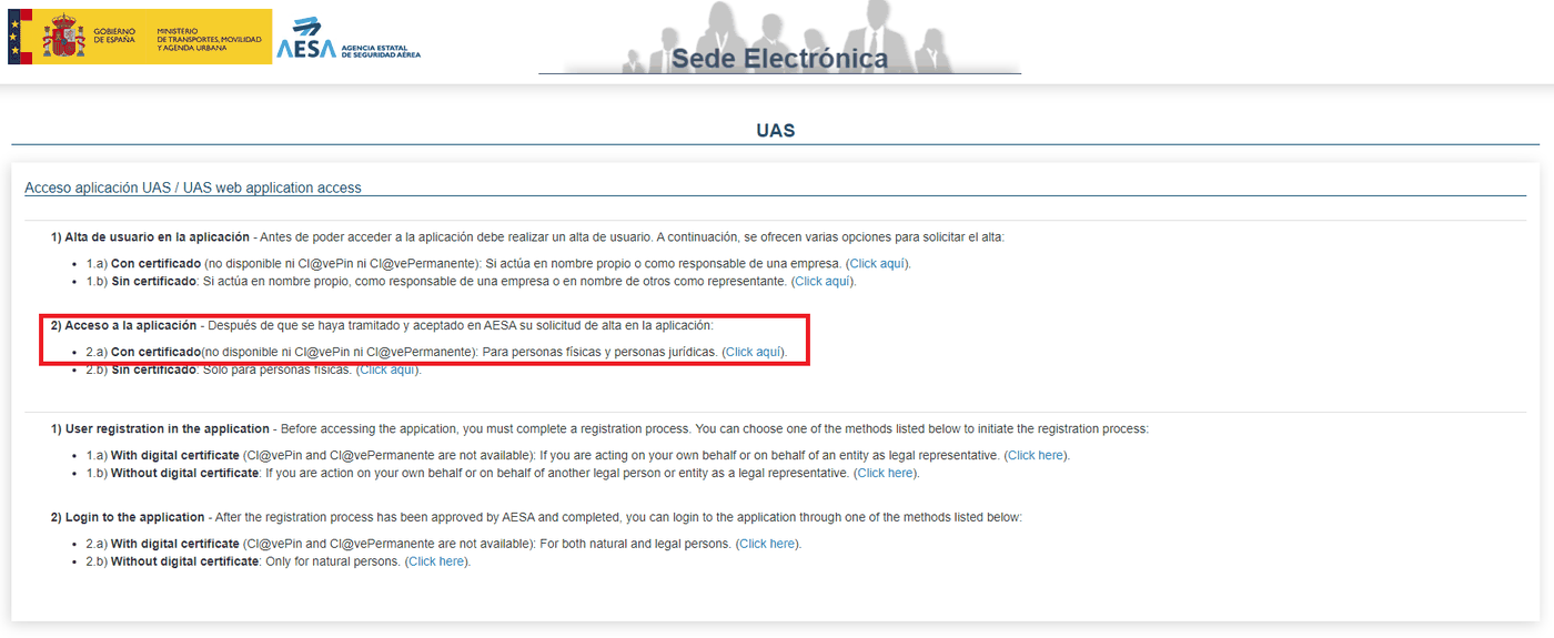 Pantalla de acceso a la aplicación de UAS de AESA, con el alta de usuario y el acceso a la aplicación