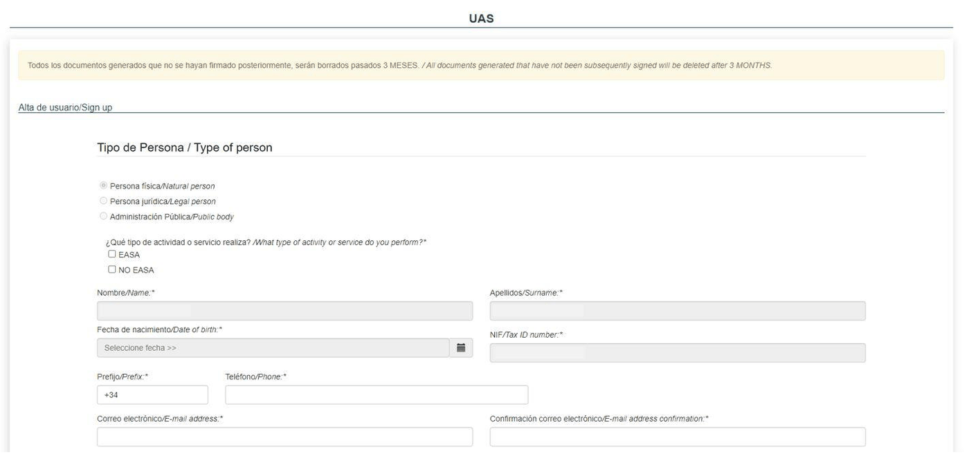 Formulario de alta de usuario de AESA para una persona física