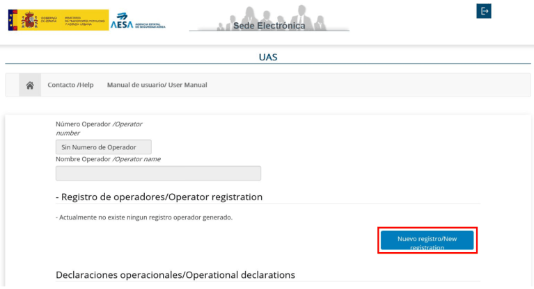 Perfil del usuario en la aplicación de UAS, todavía sin número de operador, con el botón Nuevo registro