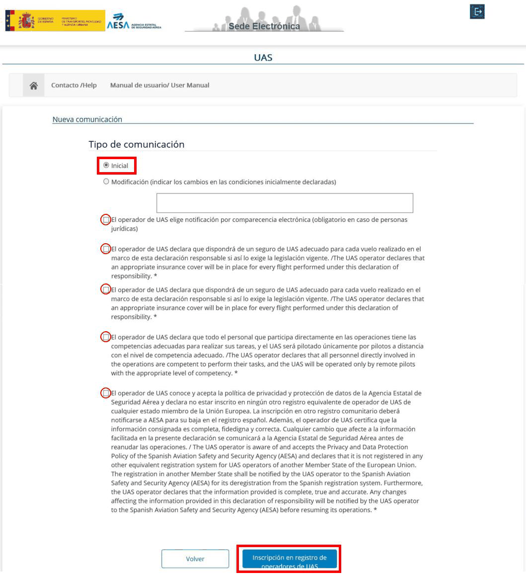 Pantalla de nueva comunicación: tipo de comunicación Inicial y las declaraciones que acepta el operador
