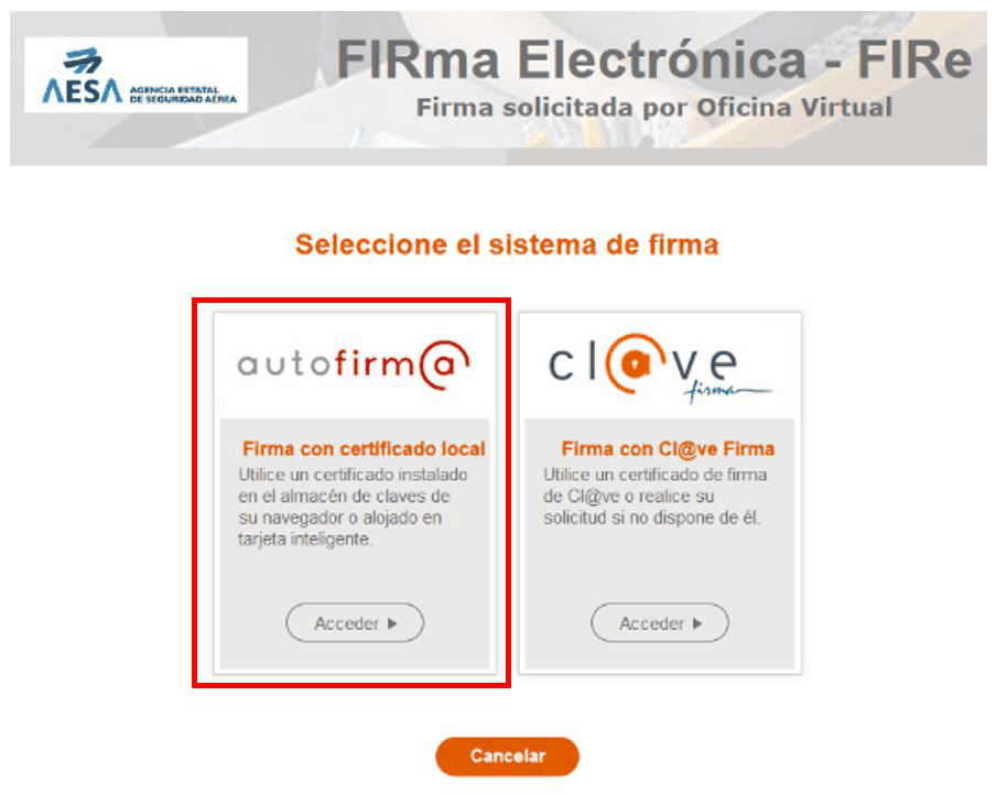 Pantalla de firma electrónica de AESA para elegir entre Autofirma y Cl@ve Firma