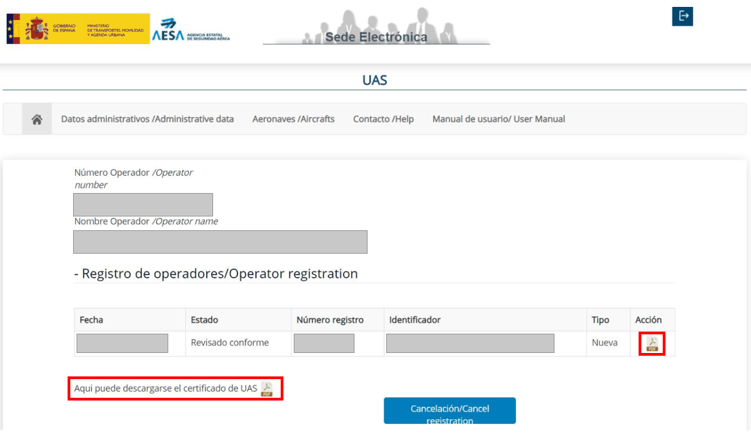 Perfil del operador ya registrado, con el estado Revisado conforme y los enlaces para descargar el justificante y el certificado