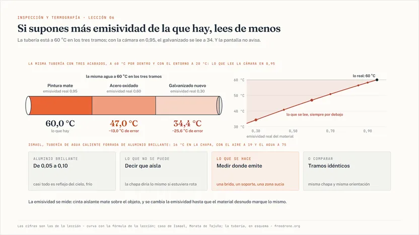 Esquema de una tubería con tres tramos seguidos y la misma agua a 60 °C dentro, con el entorno a 20 °C y la cámara en emisividad 0,95. El tramo de pintura mate, de emisividad 0,95, se lee a 60,0 °C, lo que hay; el de acero oxidado, de 0,60, a 47,0, con 13 grados de error; el de galvanizado nuevo, de 0,30, a 34,4, con 25,6 de error. Al lado, la curva de lo que se lee según la emisividad real del material: siempre por debajo de los 60 reales, más cuanto menos emite. Debajo, el caso de Ismael: la chapa de aluminio brillante, de 0,05 a 0,10, marca 16 °C con el aire a 19 y el agua a 75, porque casi todo es reflejo del cielo; no se puede decir que aísle, y se mide sobre una brida, un soporte o una zona sucia, o se comparan tramos idénticos. Al pie, el método de la cinta.