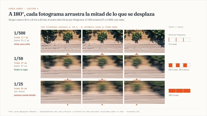 Tres filas de tres fotogramas seguidos de una carretera con árboles vista desde arriba, en la que el suelo se desplaza cincuenta y cuatro píxeles por fotograma. A 1/500 cada fotograma es nítido y el árbol salta de un sitio a otro; a 1/50 cada fotograma arrastra veintisiete píxeles, la mitad del salto; a 1/25 arrastra los cincuenta y cuatro y la imagen se empasta. Al lado, el trazo y el hueco de cada obturador en tres fotogramas.