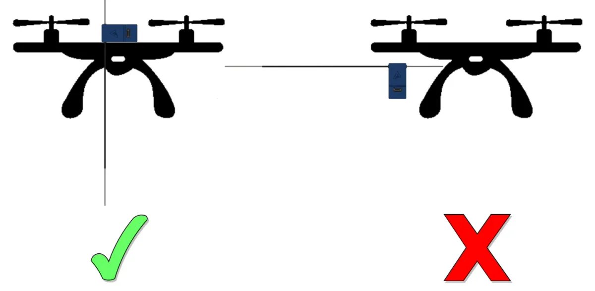 Un dron con el módulo bien montado, en vertical, y otro mal montado, en horizontal