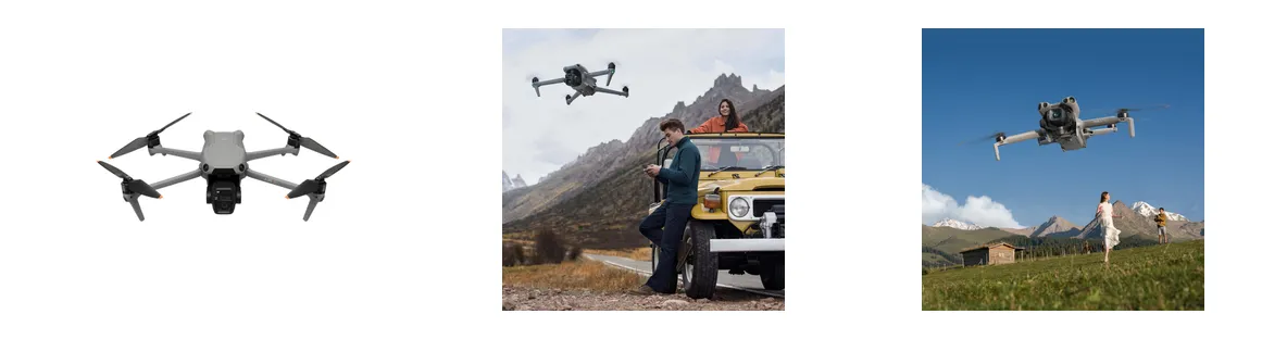 Los mejores drones de 2026: guía por perfil y presupuesto — Montaje propio con las fotos oficiales de fabricante de las fichas dji-air-3s, dji-air-3, dji-mini-5-pro (créditos en cada ficha de dron)
