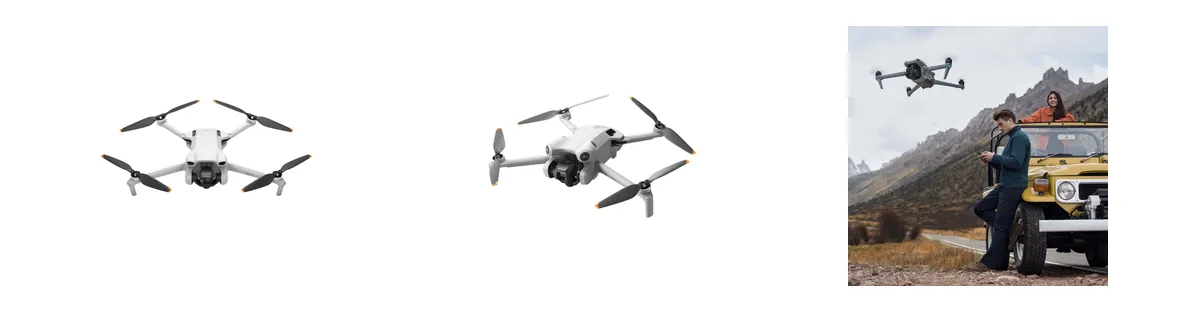 Mejores drones para pesca en 2026 — Montaje propio con las fotos oficiales de fabricante de las fichas dji-mini-3, dji-mini-4-pro, dji-air-3 (créditos en cada ficha de dron)