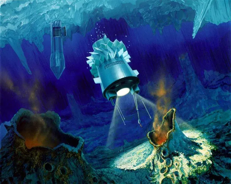 SPINDLE (criobot y submarino para lagos bajo el hielo) — Ilustración de la NASA de un criobot y un hidrobot · Wikimedia Commons · dominio público