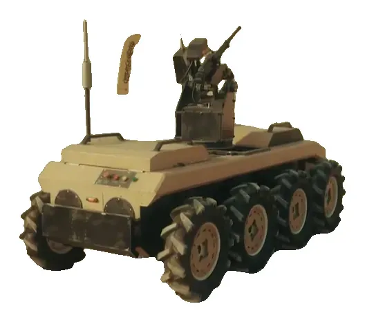 Aria — Fotograma de su presentación. Imagen: M_Tolouvand · CC BY 4.0 · Wikimedia Commons (recortada sobre fondo blanco) — https://commons.wikimedia.org/wiki/File:Iran_unveils_%22Aria%22_combat_robot.png