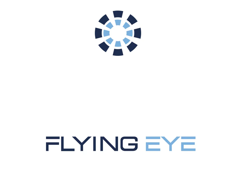 Flying Eye — Flying Eye · logotipo oficial (montaje propio de sus dos SVG: símbolo + marca denominativa)