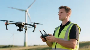 Piloto profesional de drones con chaleco reflectante operando un dron junto a aerogeneradores; el sueldo depende del sector y la especializacion.